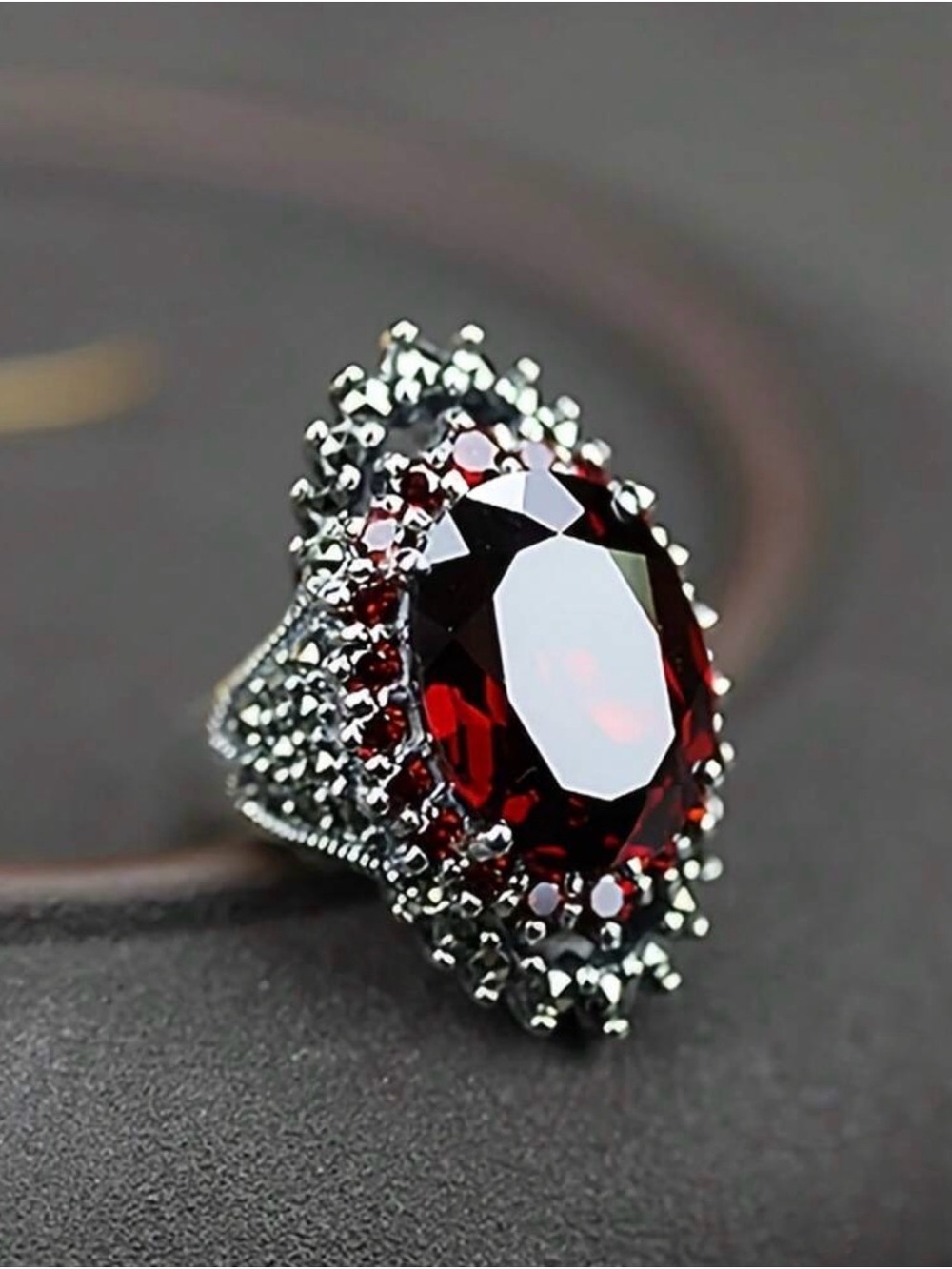 Deep Red Gemstone Silver-Tone Statement Ring - Picture 4 of 6